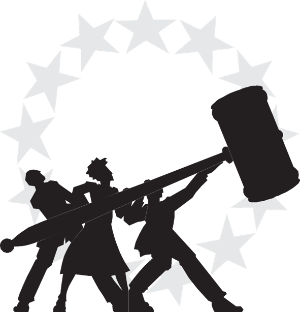 A graphic of three people holding up a very large gavel with a ring of stars in the background.
