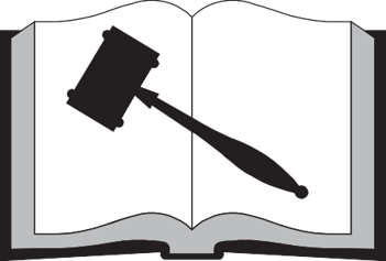 A graphic of an open book with an icon of gavel on the pages.