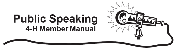 A cartoon of a wired microphone and the title of the publication that reads "Public Speaking: 4-H Member Manual"