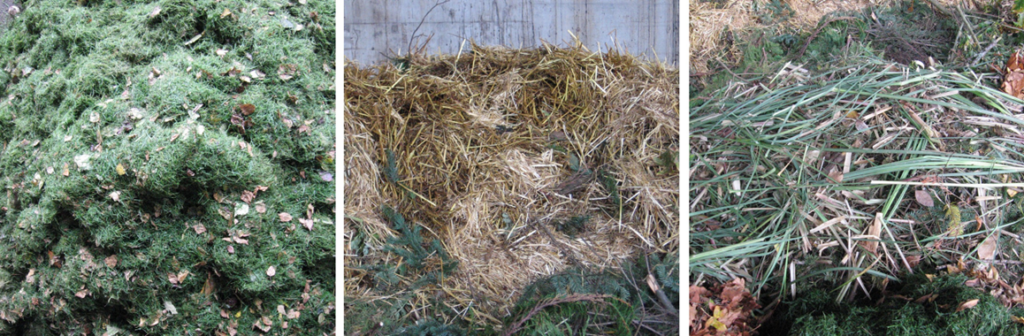 Examples of raw materials: Energy source (left), bulking agent (middle), and mixture (right).