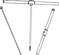 Increment borer shown as a long, narrow coring tool with a T-shaped handle and two separate cylindrical components, one thicker, like a small, pipe, and the other thinner, like a long needle.
