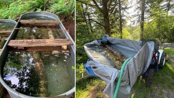 In the left picture, bolts held down by wooden planks to be submerged in a steel tank full of water. In the right picture 2 bolts in the bucket of the tractor. A tarp lines the bucket of a tractor which is filled with water.