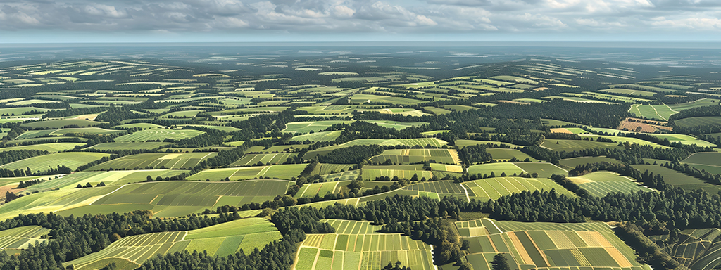 Aerial shot of farms. 