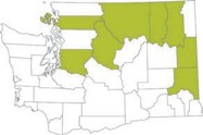 A map of WA State, separated by counties. Counties where the plant grows are highlighted in green.