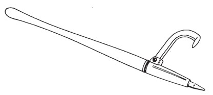 Long-handled logging tool with a pointed metal end and curved hinged hook.
