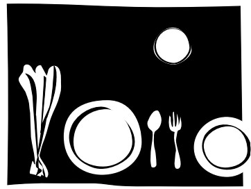 A cartoon of a table setting. In the top, a small butter and bread plate, From left to right in the bottom, a napkin, a plate, a spoon, a fork, and a smaller plate.
