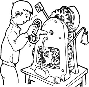A cartoon of a boy winding a large turnkey on an exaggerated mystery machine with many gears and bells.