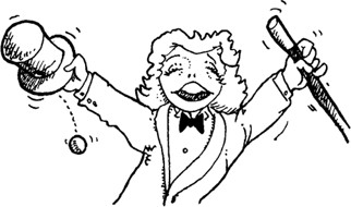A cartoon of an enthusiastic presenter dressed as a circus ringleader. She is holding a cane and top hat, and is dressed in a bowtie and suit jacket.