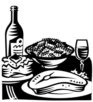 A cartoon of a dinner with steak, wine, salad, and potato on the table in different serving dishes.