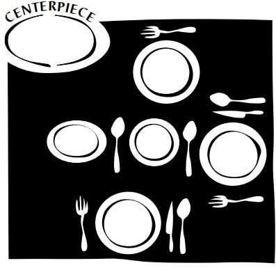 A cartoon of a table setting. In the top, from left to right, a center piece and a serving dish and fork. In the middle, two serving dishes and spoons with a place setting that has a fork on one side, a plate in the middle, and a knife and spoon on the other side. In the bottom, a place setting that has a fork on one side, a plate in the middle, and a knife and spoon on the other side.