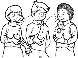 A cartoon of three students passing a small ball from left to right.