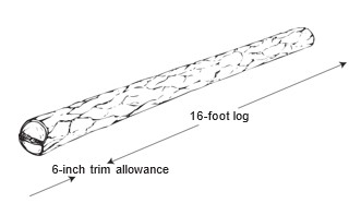Long log drawn in perspective with its length labeled “16-foot log” and a short section at one end marked “6-inch trim allowance”.