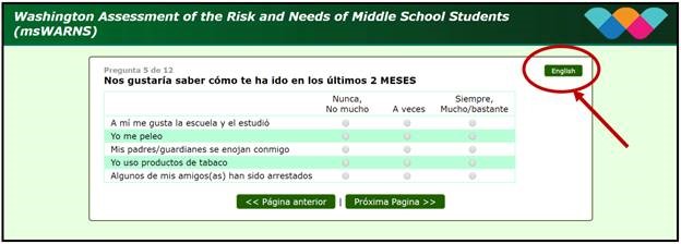 WARNS Middle School assessment page displaying a button to toggle between the recipients chosen languages.