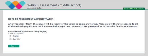 WARNS Middle School assessment page asking for the recipients primary language(s)