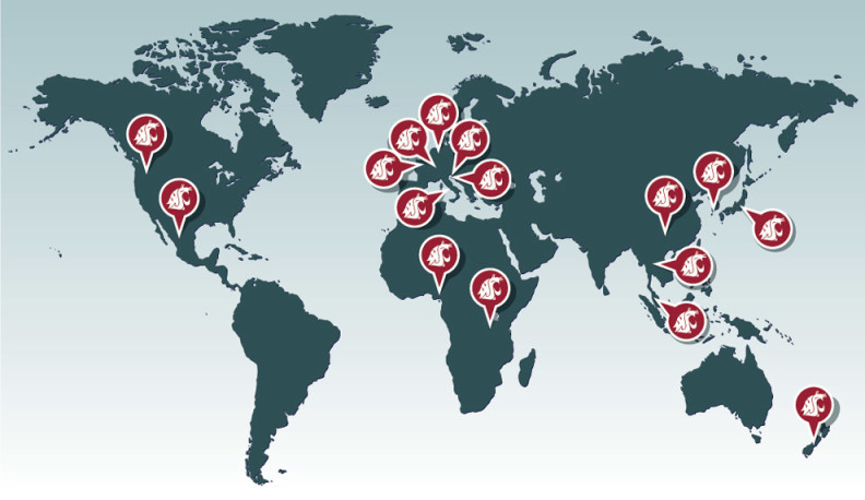 International Map showing locations of WSU cougar logo