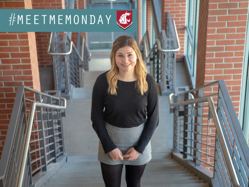 Jordan Ryan standing on the stairs and smiling. A graphic over the photo says #MeetMeMonday.