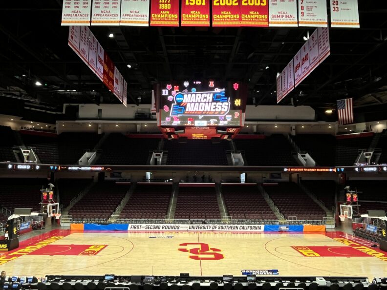 Photo of an empty USC Galen Center in Los Angeles