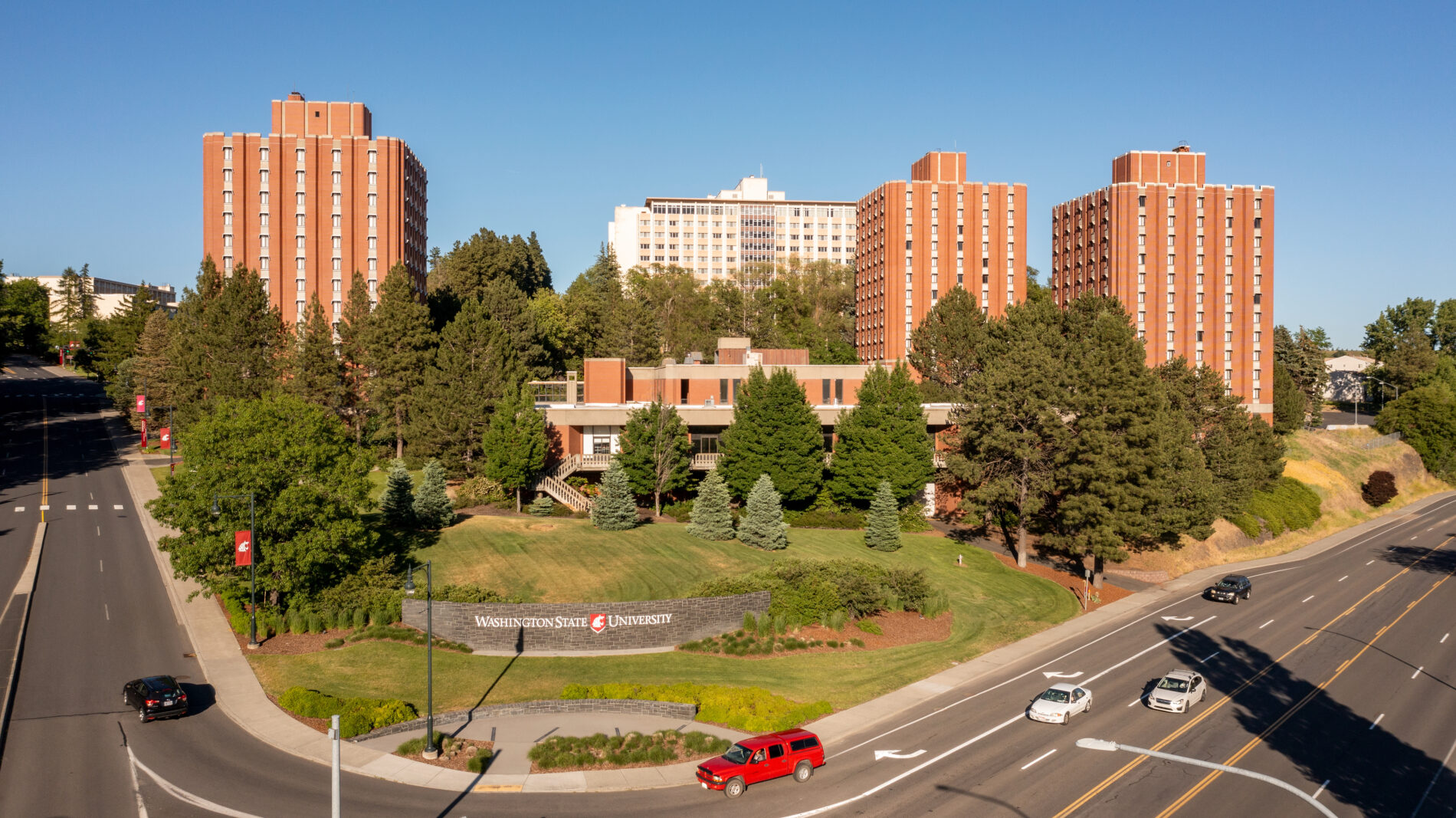 Aerial of the south campus entrance