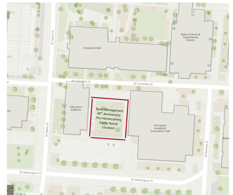Map of the lawn between Education Addition, Cleveland Hall, and The Spark, on the corner of SE Idaho Street and SE Washington Street, Pullman.