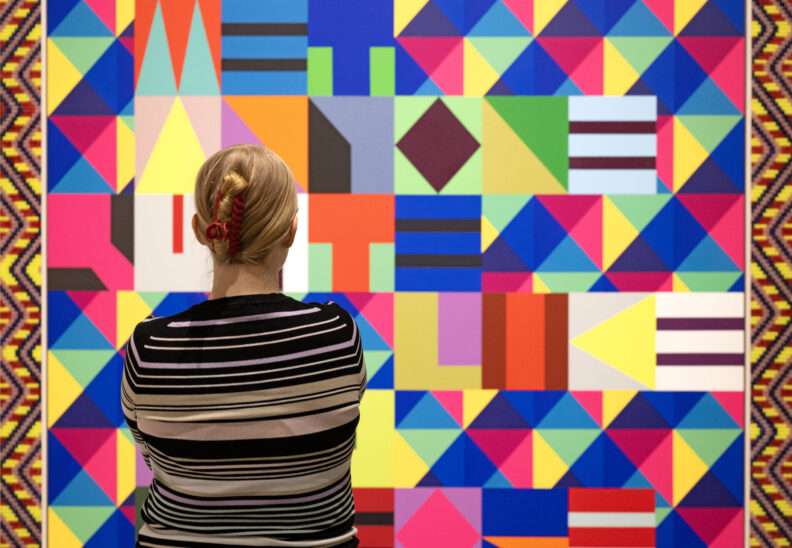 Lady with her back to the camera looking at a artwork
