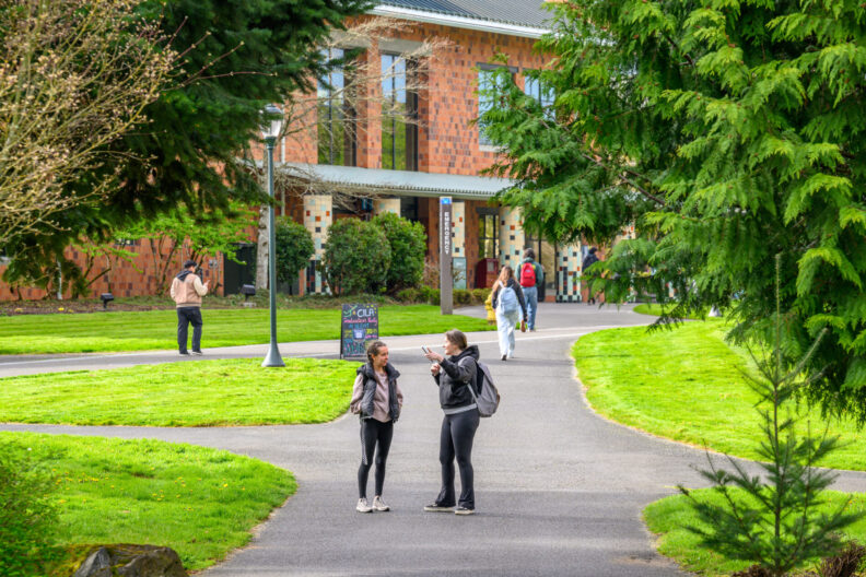 two students walking and talking, other walking in the background