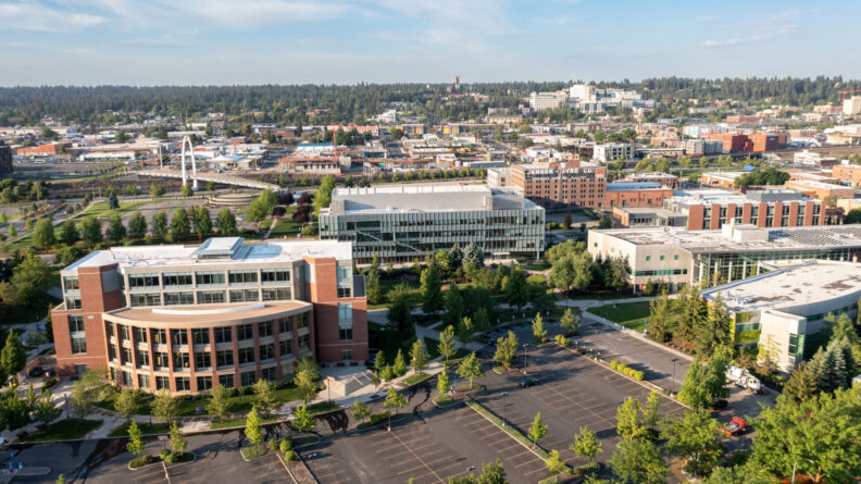 Aerial with a drone on the campus of Washington State University Spokane