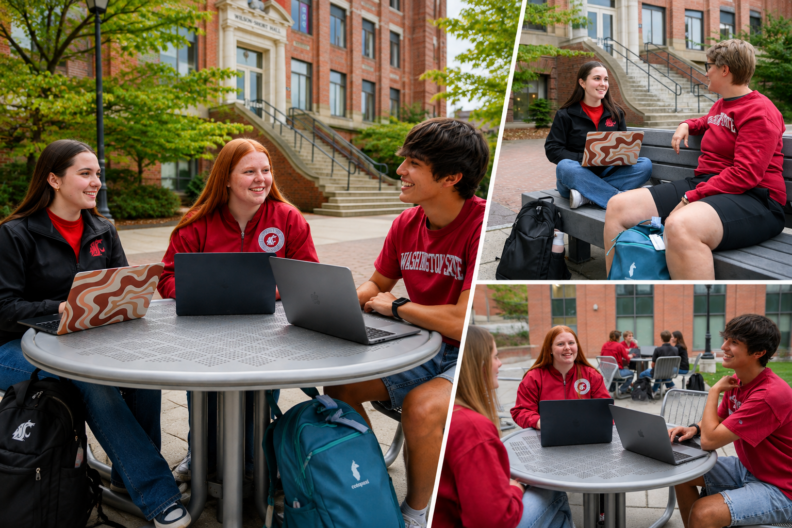 a combine photo of three student talking