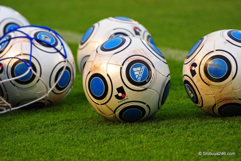 Soccer balls lay on field.