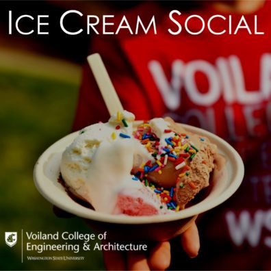 A bowl of ice cream with sprinkes on top. Header reading "Ice Cream Social", with the Voiland College of engineering and Architecture logo
