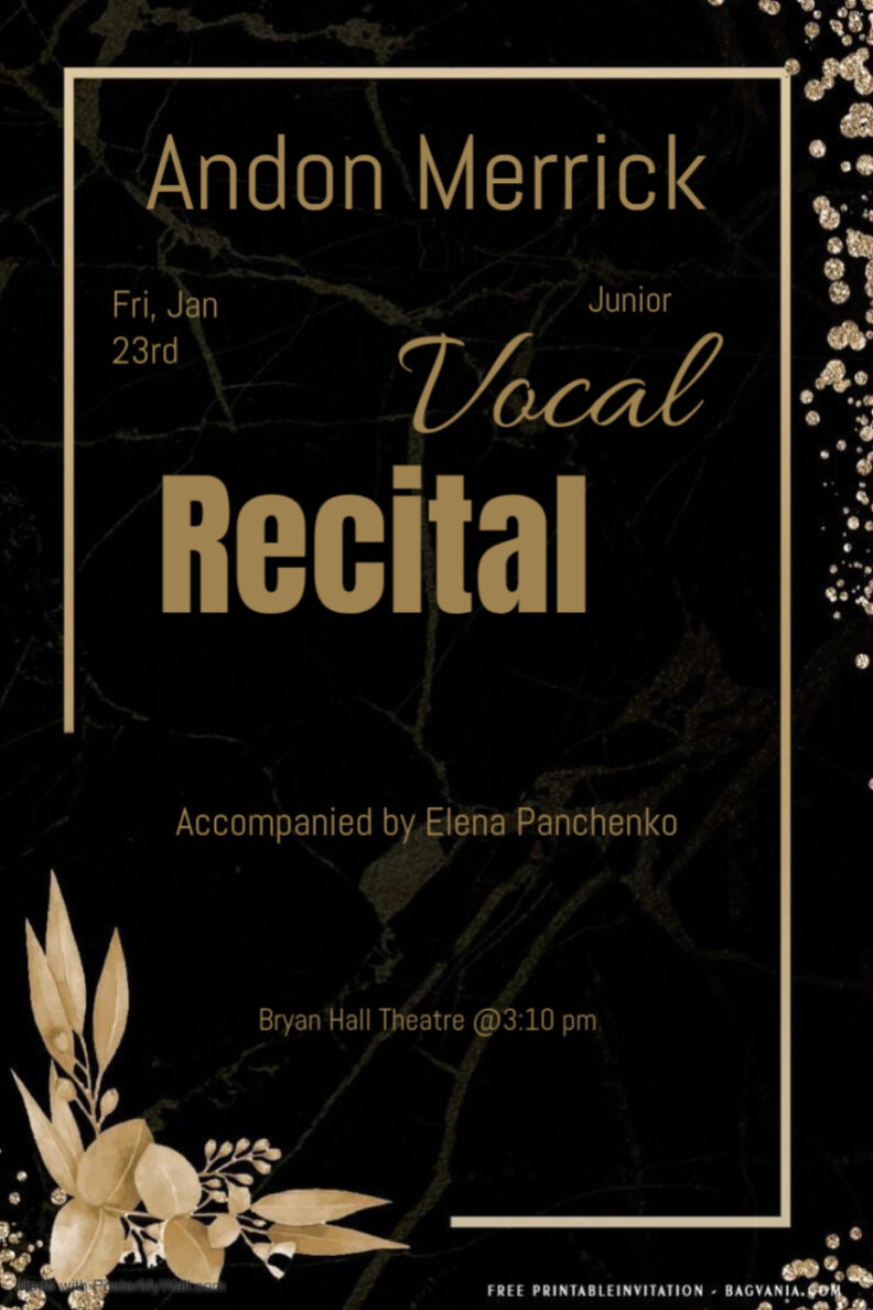 Poster for the Student Recital of Andon Merrick. All the information in on the calendar page.