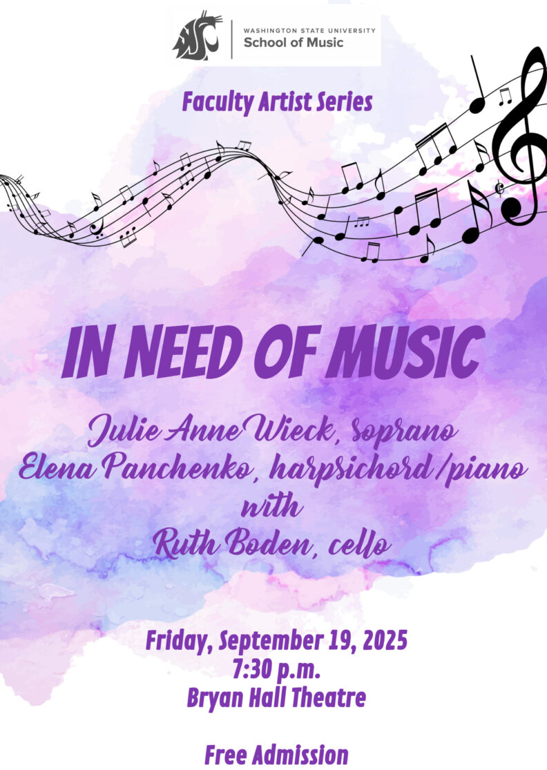 White and purple poster promoting Dr. Julie Anne Wieck's FAS performance on September 19, 2025 at 7:30pm in Bryan Hall Theatre.