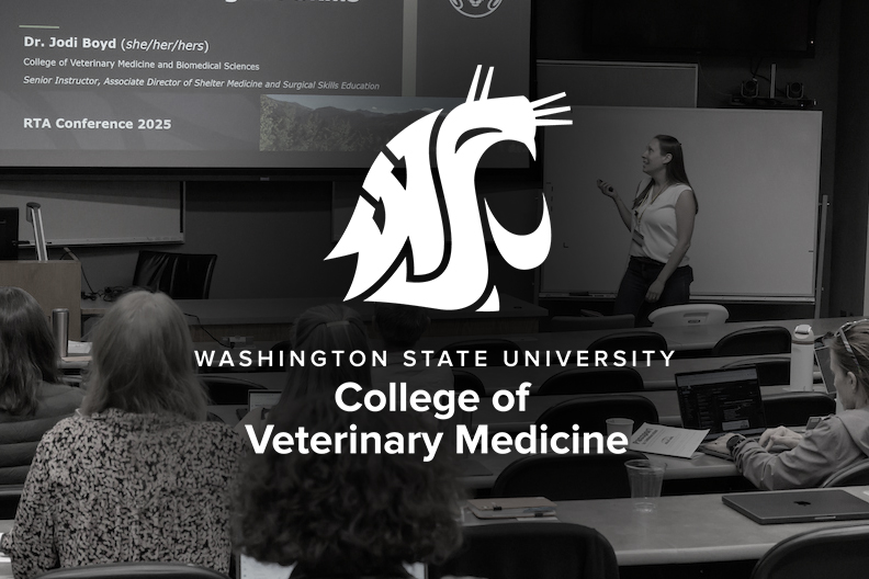 Seminar with instructor at the front of the lecture hall, pointing to the screen. A WSU College of Veterinary Medicine logo with a large cougar head is overlayed on the image.