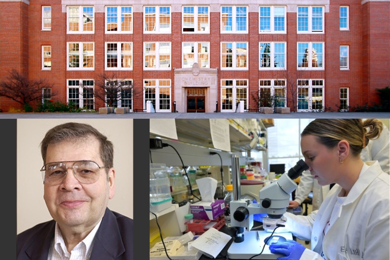 Three image collage. Top is Fulmer Hall, bottom left is professional headshot of Dr. Fulmer, bottom right is Halie, a young researcher wearing a white coat and using a microscope.