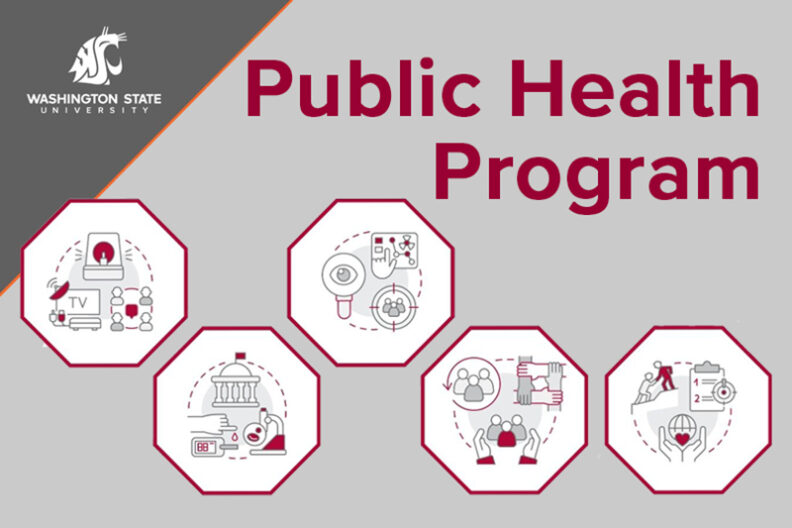 Icons representing different areas that public health plays a role. WSU logo, and title, "Public Health Program."