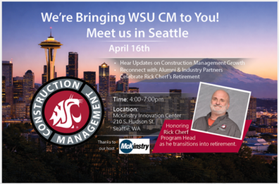 photo of seattle backdrop with picture of rick cherf. sharing an event for construction management alumni and industry in seattle