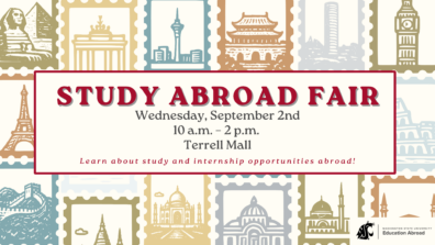 Graphic flyer for the Study Abroad Fair featuring a collage of illustrated international landmarks on postage-stamp-style panels, including pyramids, the Brandenburg Gate, Seattle skyline, a pagoda, skyscrapers, Big Ben, the Eiffel Tower, the Great Wall, the Taj Mahal, and other global architecture. A large white centered panel with a dark red border contains the text: “STUDY ABROAD FAIR” followed by “Wednesday, September 2nd,” “10 a.m. – 2 p.m.,” and “Terrell Mall.” The bottom of the panel reads, “Learn about study and internship opportunities abroad!” The Washington State University Education Abroad logo appears in the lower-right corner.