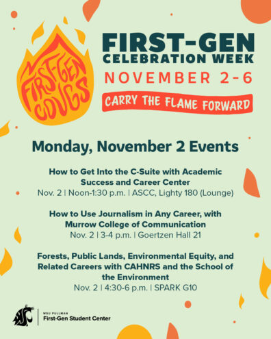 Graphic promoting First-Gen Celebration Week, November 2-6, with the theme “Carry the Flame Forward.” A stylized flame containing the words “First-Gen Success” appears beside the event title. The flyer lists three events for Monday, November 2: “How to Get Into the C-Suite” with Academic Success and Career Center (Noon-1:30 p.m., ASCC Lighty 180 Lounge); “How to Use Journalism in Any Career” with Murrow College of Communication (3-4 p.m., Goertzen Hall 21); and “Forests, Public Lands, Environmental Equity, and Related Careers” with CAHNRS and the School of the Environment (4:30-6 p.m., SPARK G10). Washington State University Pullman First-Gen Student Center logo appears at the bottom. Decorative flame-themed graphics in orange and yellow surround the text on a light green background.
