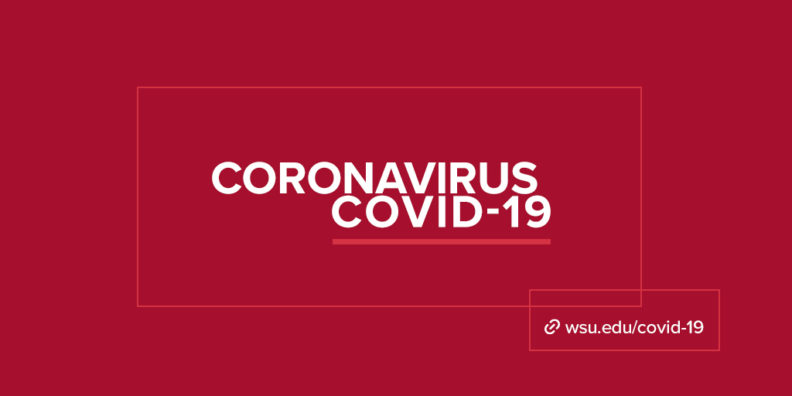 Crimson red rectangle with the words Coronavirus Covid-19, wsu.edu/covid-19.