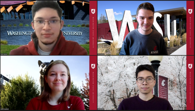 A grid of four students during a group video call,