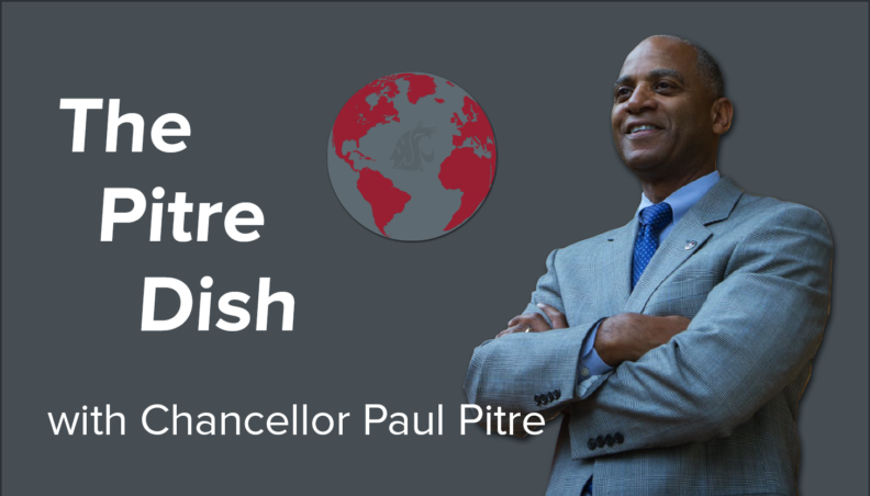 Paul Pitre with arms folded on a dark background with a crimson and gray Earth and the words The Pitre Dish with Chancellor Paul Pitre.