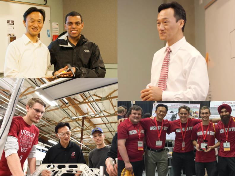 Collage showing Dr. Xiaopeng Bi with students.