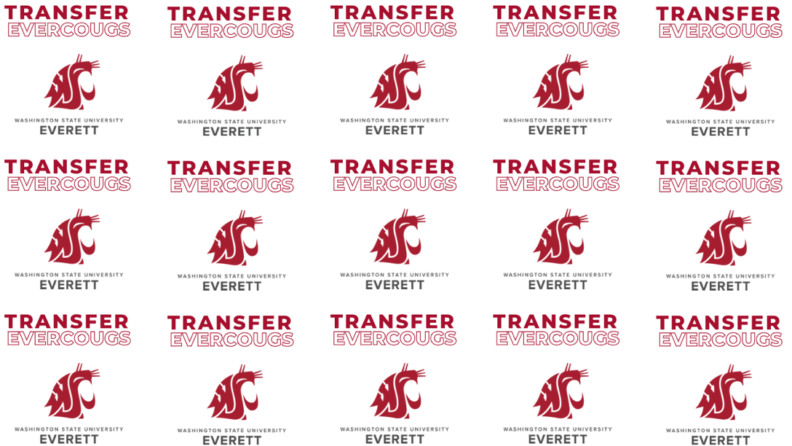 A repeating white-colored rectangular sticker with the text Transfer Evercougs, Washington State University Everett and the WSU Cougar logo.