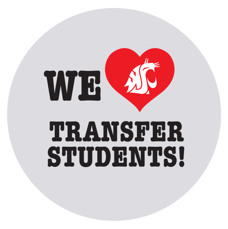 A circle-shaped sticker with a red heart with the Cougar logo inside of it on a gray background with the text We [heart] transfer students.