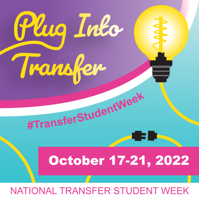 A graphic showing a light bulb and cord being plugged in with the text Plug Into Transfer #transferstudentweek October 17-21, 2022, National Transfer Student Week.