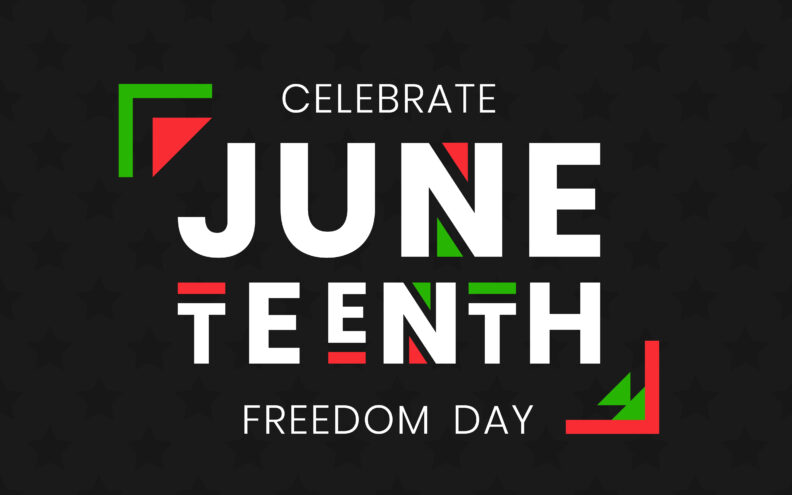 Stylized red and green geometric shapes with the text Celebrate Juneteenth freedom day.