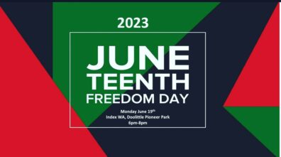 Multicolor rectangle, "2023 Juneteenth Freedom Day."