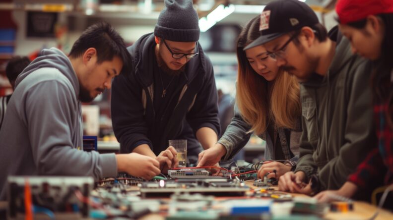 Students working together around a table 