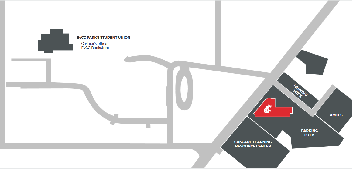 Simple map showing the WSU Everett building connected to parking lot K. Directions to campus are described under the heading Directions to Campus on this page.