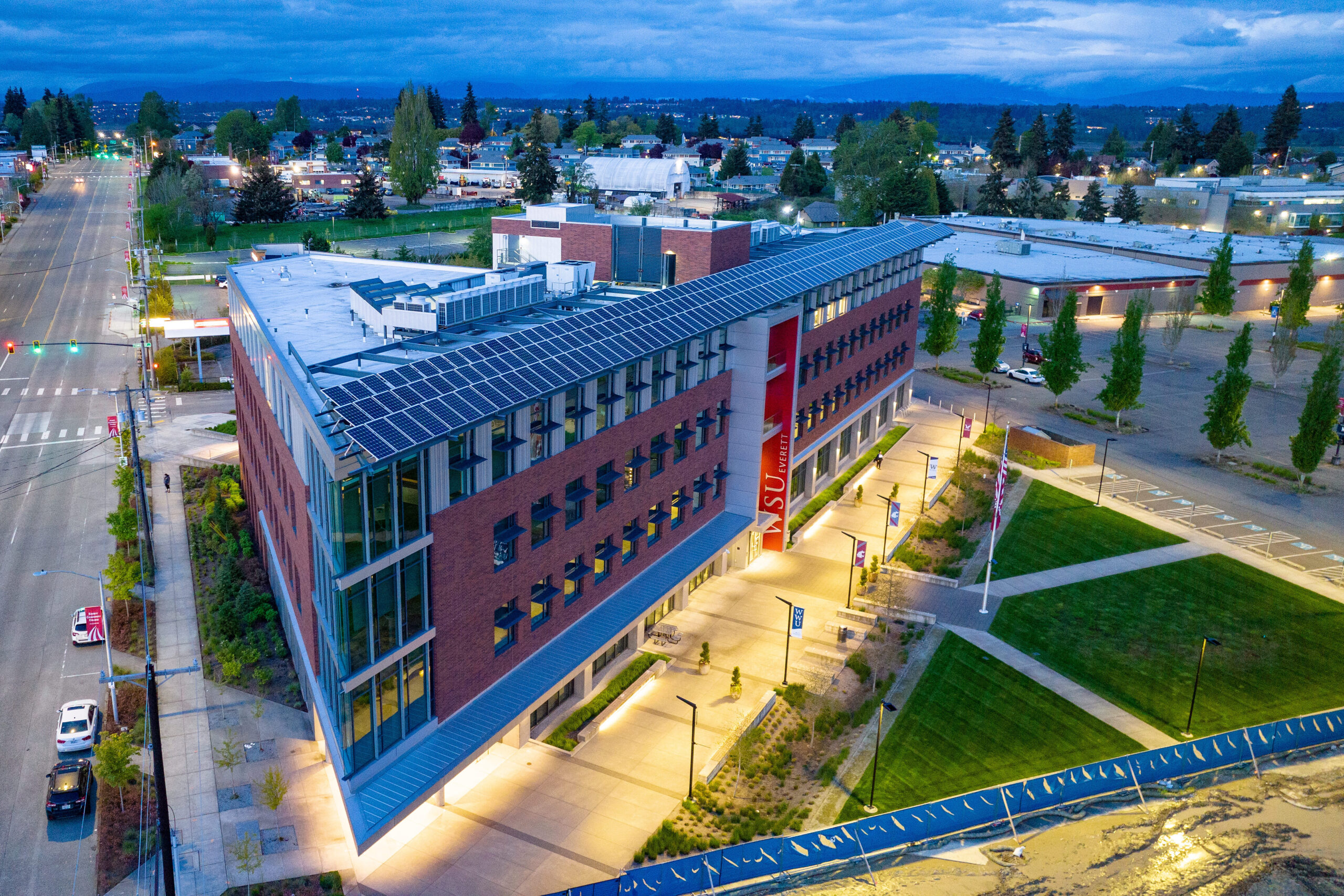 Overhead drone view of WSU Everett Campus building