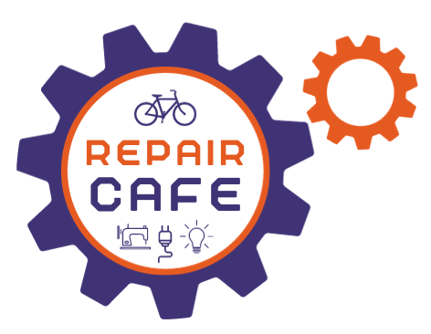 Purple gear shift with small icons of a bicycle, electrical plug, and sewing machine as well as the words Repair Cafe located within.